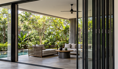 Illustrative folding glass doors opening a home to an adjoining outdoor area