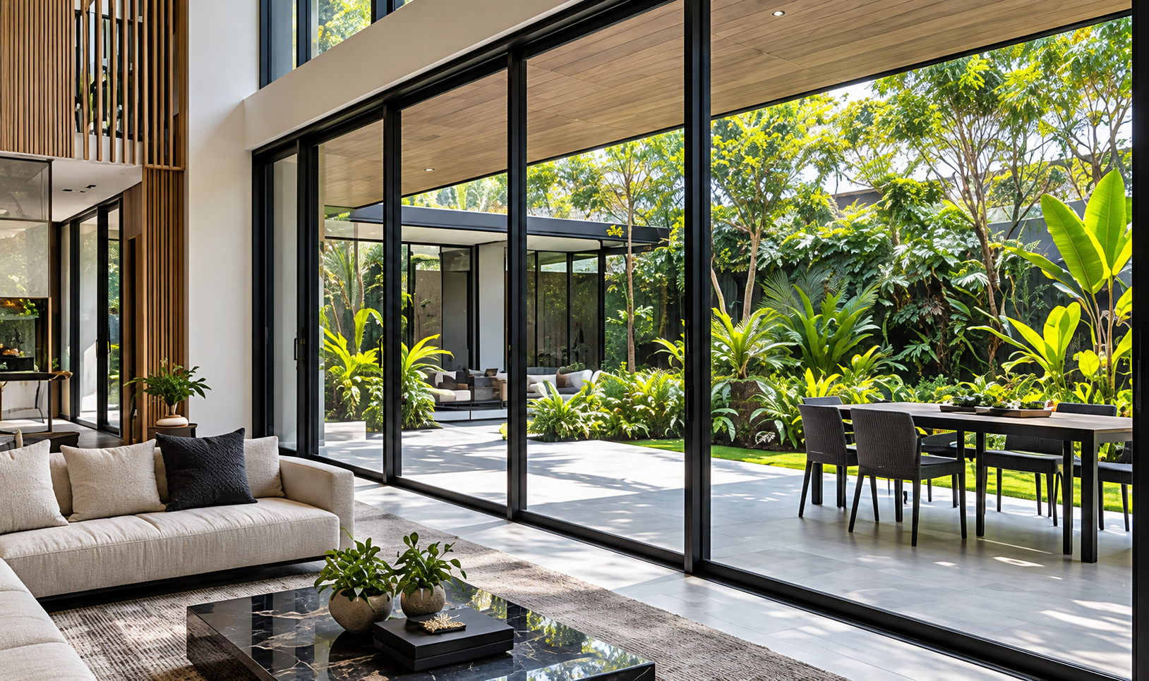 Illustrative living space opening onto a garden through slim-frame glass sliding doors