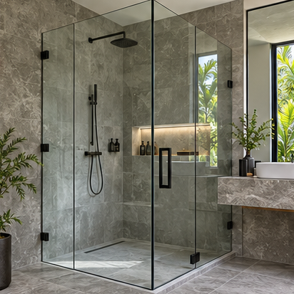 Illustrative glass shower screen in a contemporary bathroom