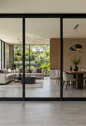 Illustrative slim-frame sliding doors connecting a living room and garden