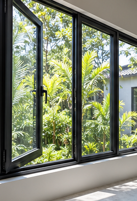 Illustrative aluminium-framed windows in a contemporary interior